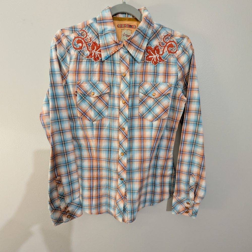 Women's Vtg Vigoss Blue and Orange Plaid Western Shirt With Orange Pearl Snaps